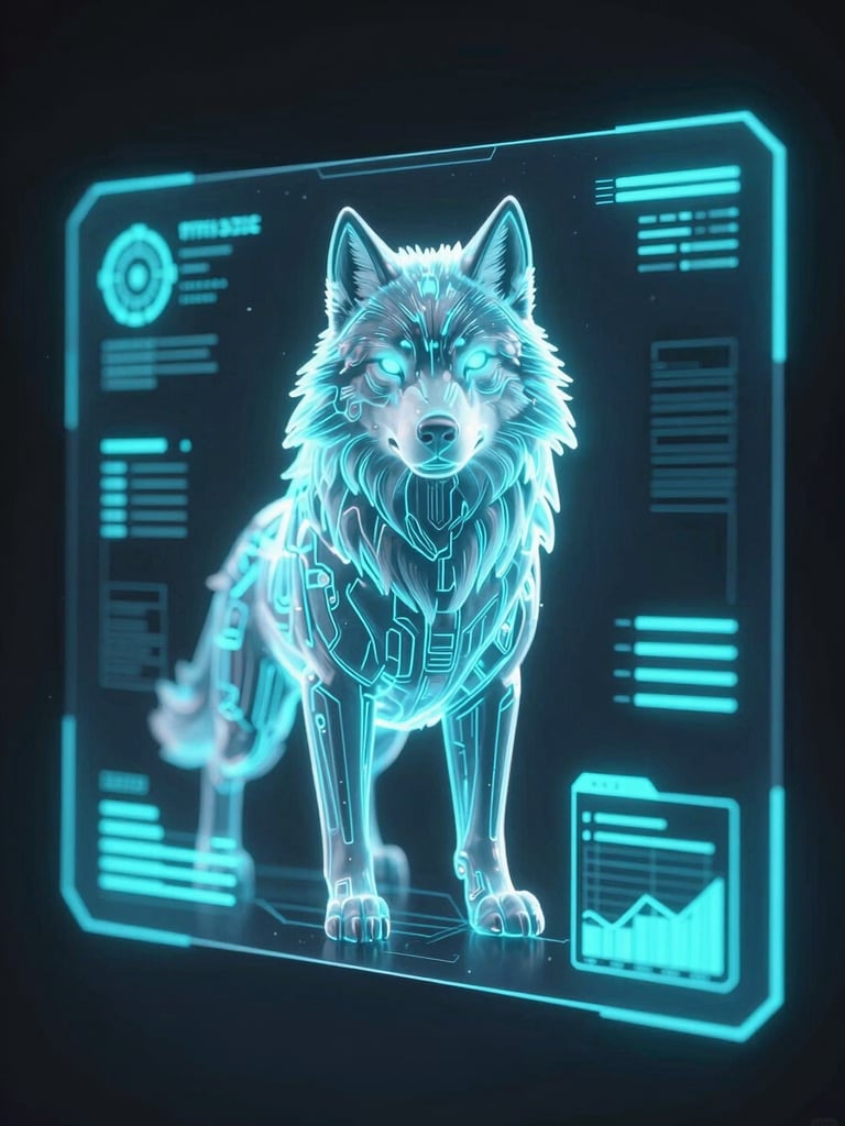 Futuristic 3D render of a glowing neon holographic wolf commander interface, deep obsidian background, electric cyan telemetry, octane render, cinematic