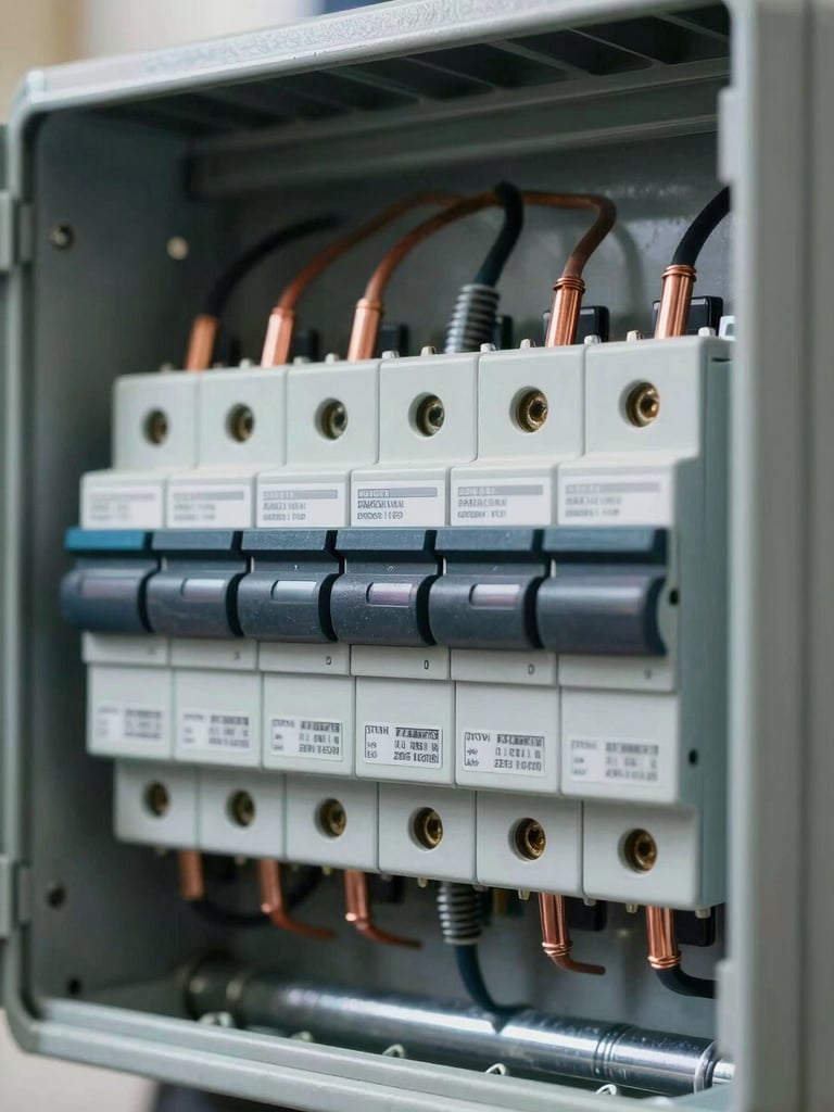 Close-up of a newly upgraded, perfectly organized breaker box, clean labels, copper grounding wire visible, crisp interior lighting.