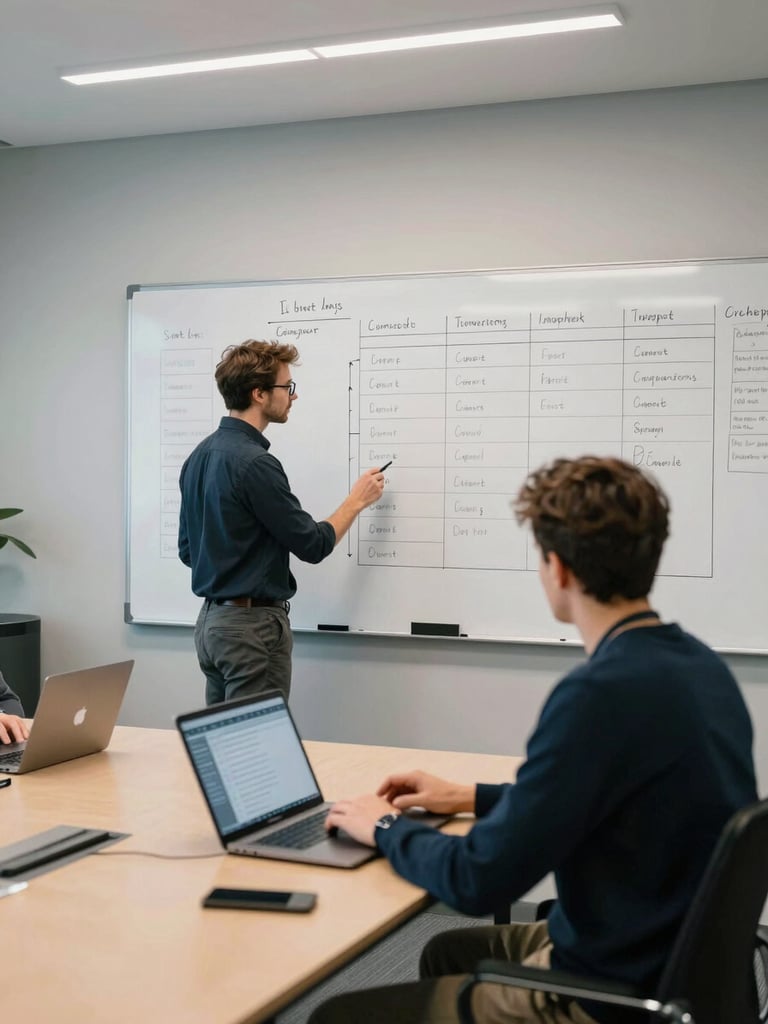 Medium-wide environmental shot of a structured conference room interior, a team member standing at a whiteboard covered in sprint timelines and task columns, another person seated at a table with a laptop open showing a project tracker, neutral cool white overhead lighting, organized and task-focused atmosphere
