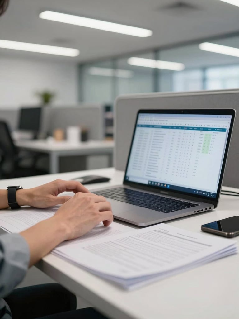 Medium-wide environmental shot of a corporate workspace, a team member's hands resting on a keyboard beside a printed document stack and open laptop showing a structured data dashboard, cool white office lighting from overhead fluorescents, shallow depth framing the work surface in the foreground with a blurred open-plan office behind