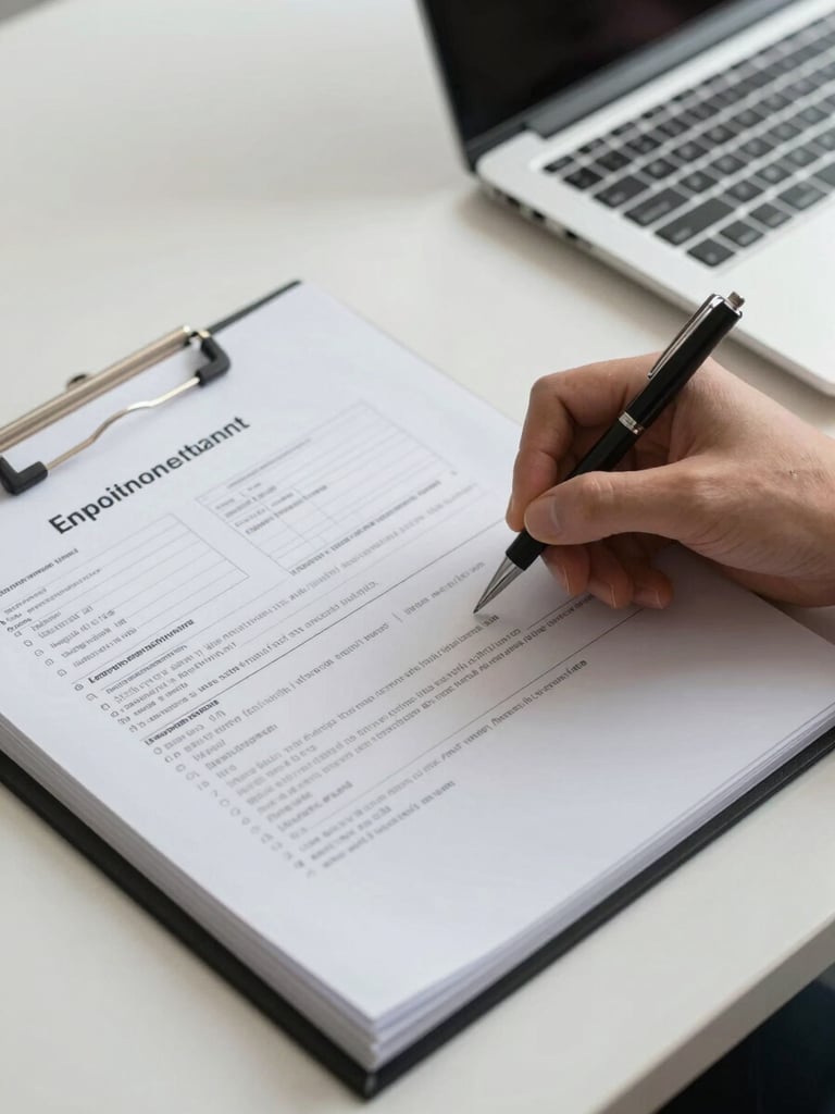 Close-up medium-wide shot of a desk surface under cool white office light, an open binder of employment documentation and visa paperwork on the left, a hand holding a pen annotating a form, laptop partially visible at the top right edge of the frame, organized and precise