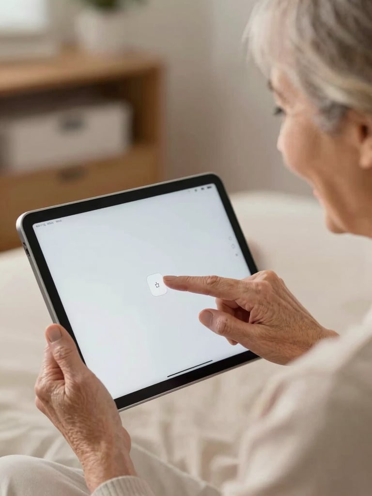 Over-the-shoulder shot of a smiling senior woman looking at a tablet screen, a friendly hand gently pointing to a button, warm domestic lighting, soft background.