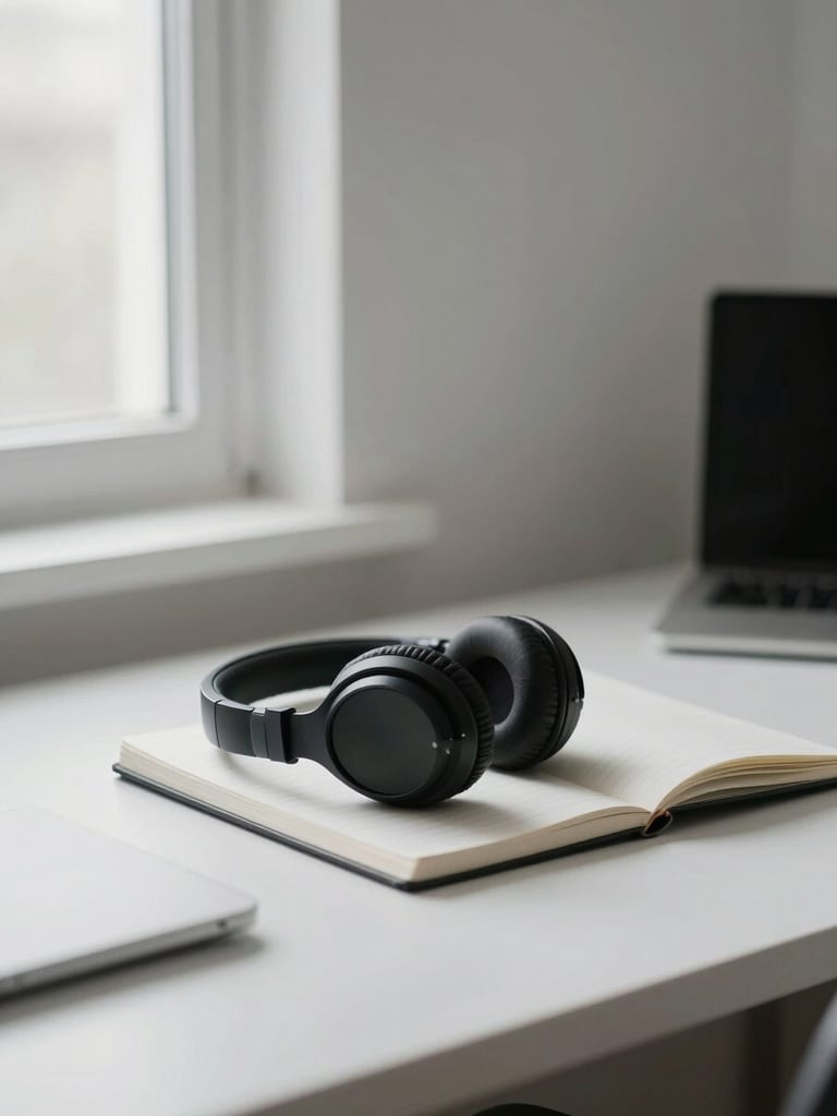 A clean, quiet home office desk with high-quality headphones resting on a notebook, soft natural side-light from a window, minimalist editorial style, 35mm