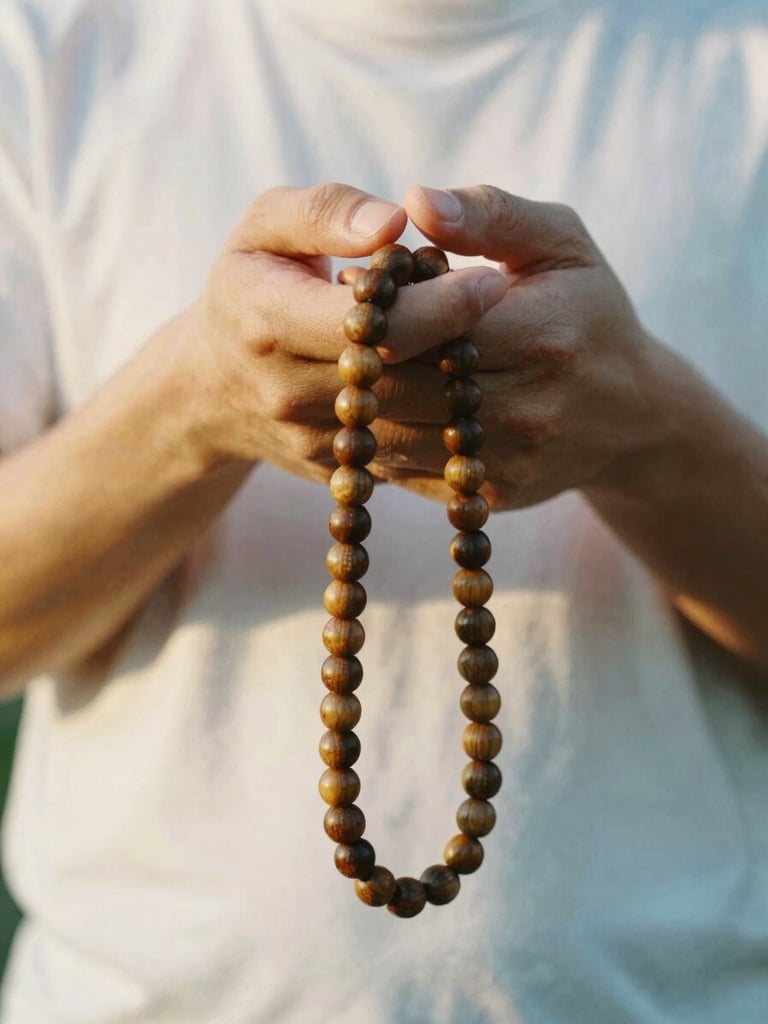 Close-up of hands holding wooden prayer beads in soft golden hour light, serene white fabric background, shallow depth of field, 35mm