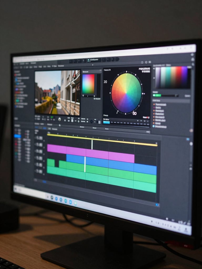 Close-up of a monitor in an organized editing suite displaying a color-graded timeline with visible color scopes on a secondary screen, cool ambient studio light, no people, precise and orderly