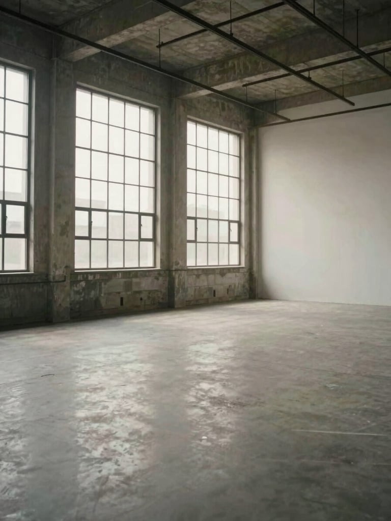 Full-frame portrait-oriented color-graded still from a corporate documentary project, a wide organized studio interior with controlled daylight through industrial windows, neutral tones, empty set, precise composition, no people