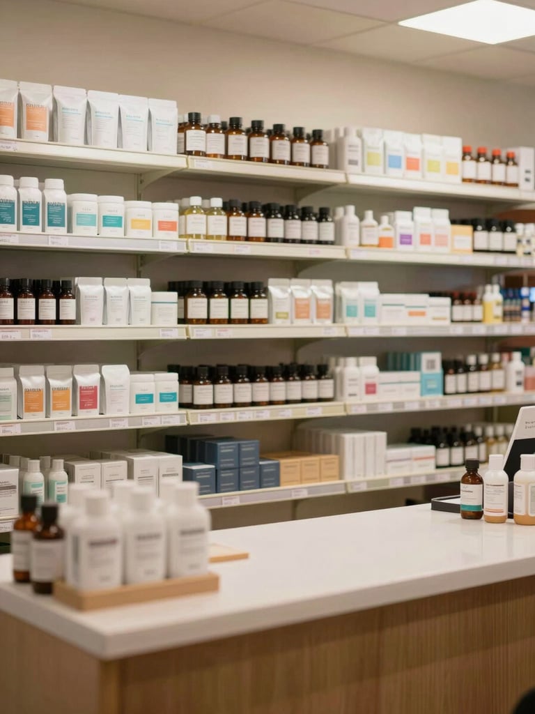Medium shot of a well-organized dispensary retail counter in clean warm light — labeled product packaging arranged neatly on shelves behind the counter, no staff or customers, emphasis on clarity and order