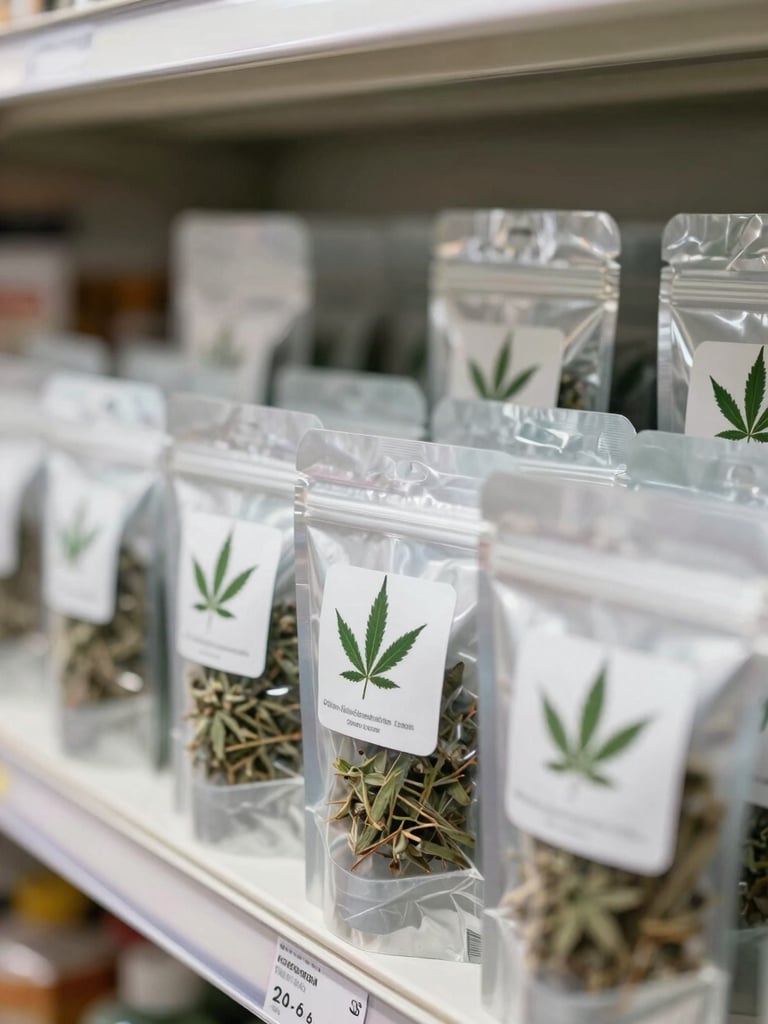 Close-up macro shot of neatly arranged cannabis product packages on a clean retail shelf, daylight-balanced overhead lighting, clear product labels visible, organized rows receding into soft focus, no people, no leaf motifs — the focus is on the clarity and order of a well-run retail environment