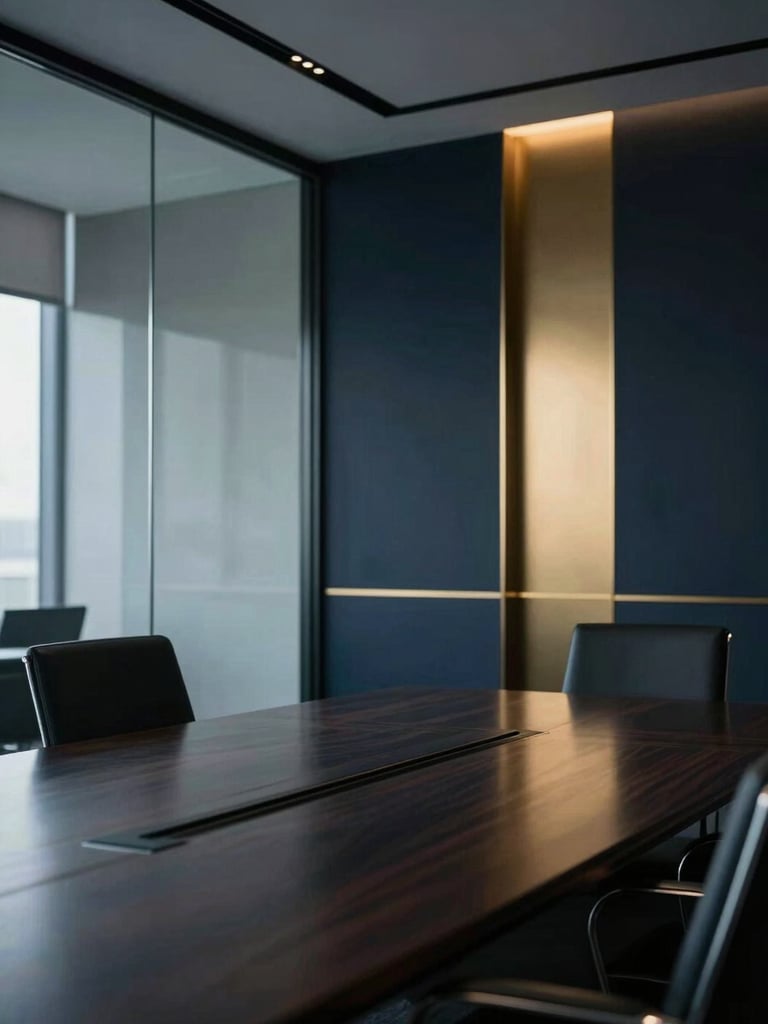 Modern corporate boardroom with glass walls, soft side-lighting reflecting off a dark polished table, clean lines, professional luxury atmosphere, 35mm