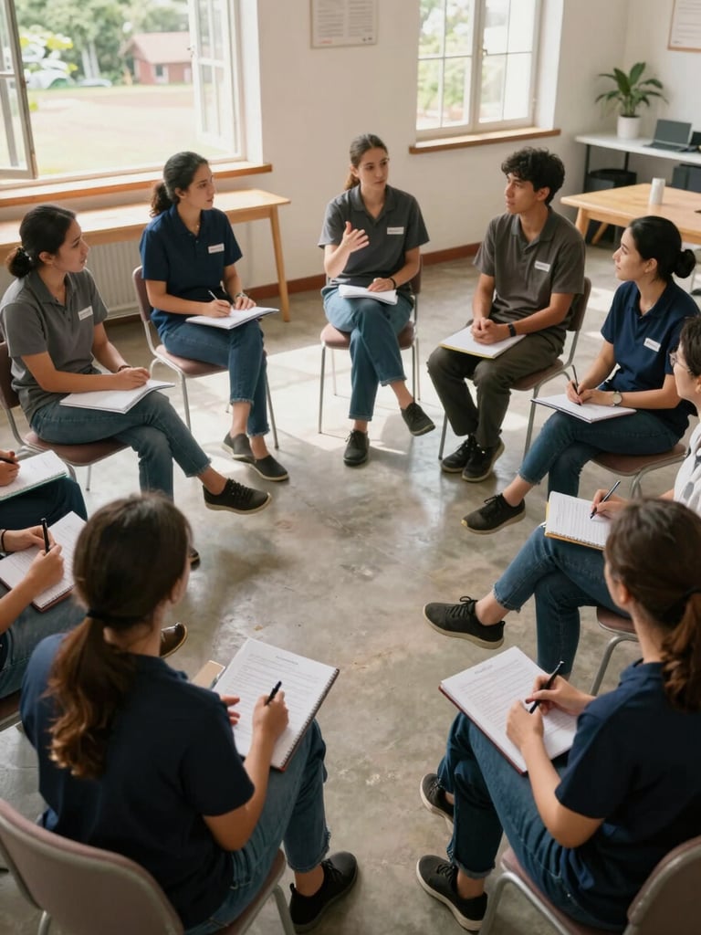 Wide environmental shot of a small group of hospitality workers seated in an informal circle in a community space—overhead natural light through open windows, one participant gesturing while others lean in and take notes, printed worksheets on laps, no instructor at front, candid mid-conversation moment, warm ambient fill