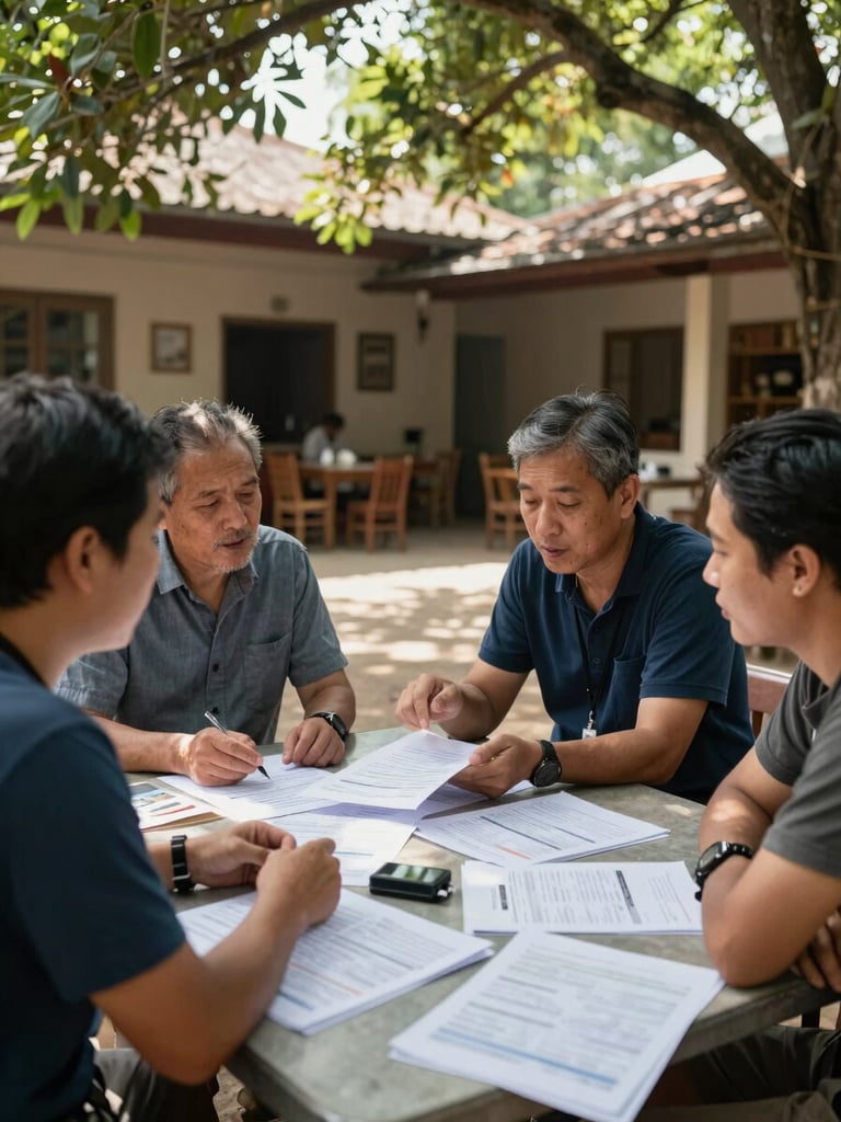 Wide environmental shot of four small tourism business owners seated around a low table in an open-air community space, papers and printed data sheets spread between them, candid mid-conversation moment, dappled natural light through overhead canopy, one person gesturing toward a document