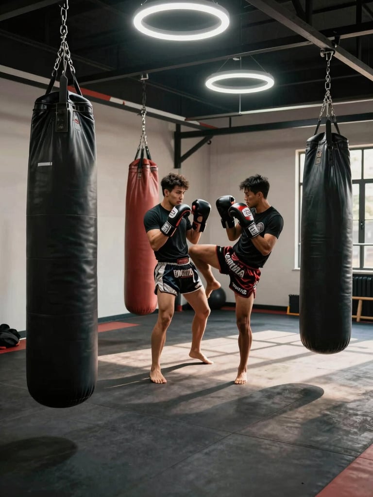 Wide gym interior during active Muay Thai training session, heavy bags hanging in foreground, a male trainer holding Thai pads for a fighter mid-kick in the background, dramatic tungsten overhead ring lights casting hard shadows on concrete floor, raw and physical