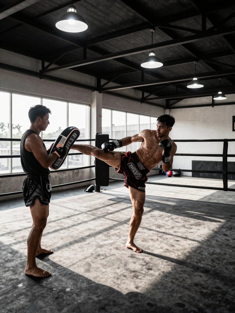 Close environmental wide shot of a Muay Thai gym interior during active training — a male coach holding heavy Thai pads at left frame, a fighter mid-kick at center, ring ropes and tungsten overhead lights casting hard shadows on the concrete floor, high contrast, no faces emphasized, raw documentary framing