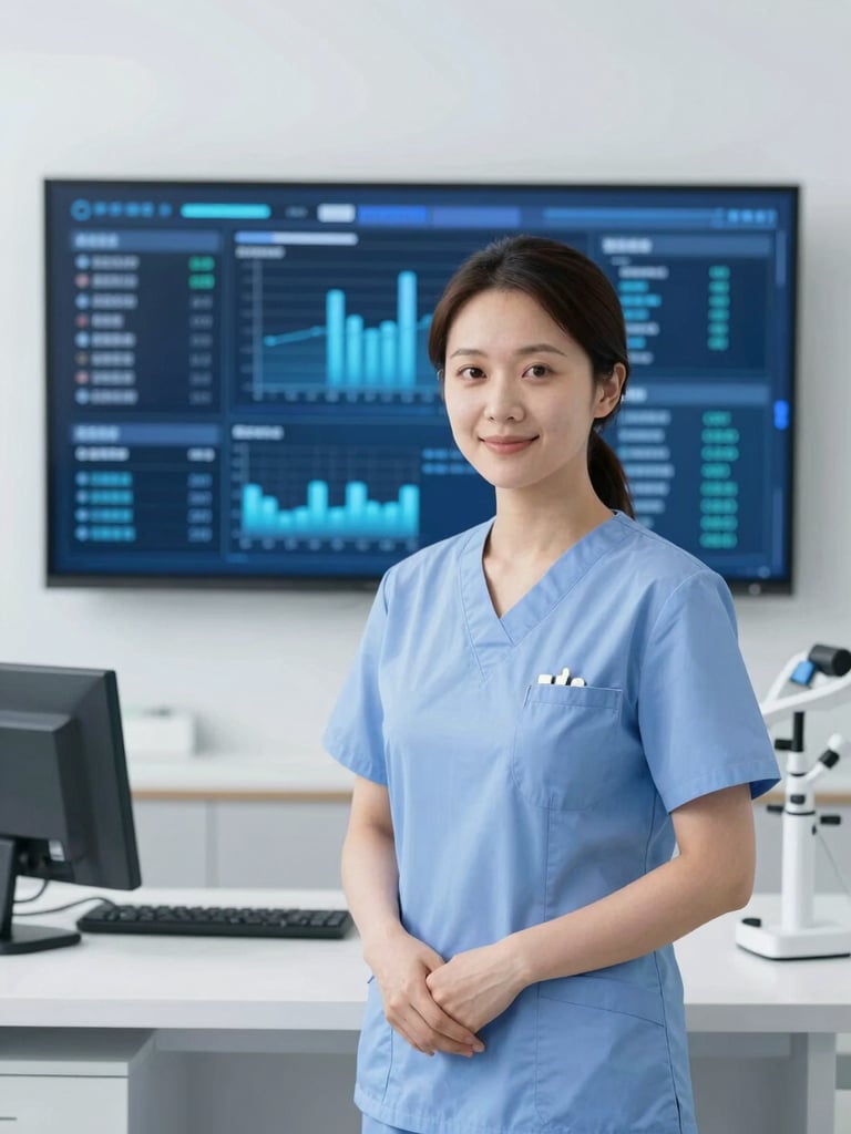 Portrait of a healthcare administrator in a clean, professional workspace with a digital dashboard, bright natural daylight, 35mm.