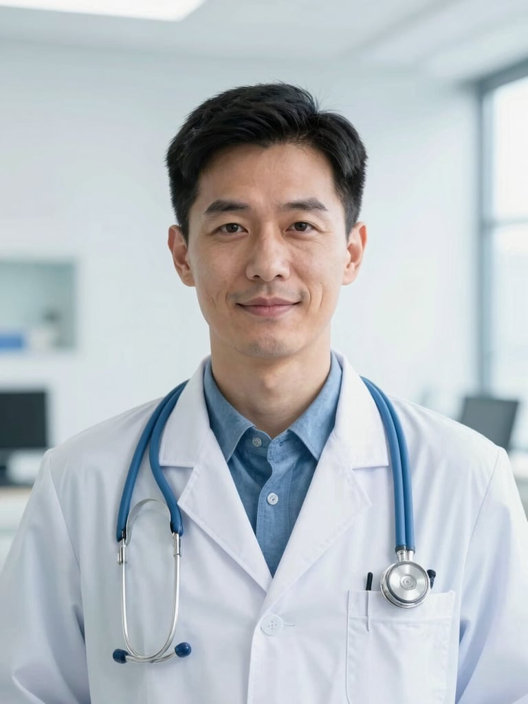 Portrait of a professional doctor in a bright, modern clinical setting, 35mm, crisp medical blue tones, looking confident, no fake smiles.