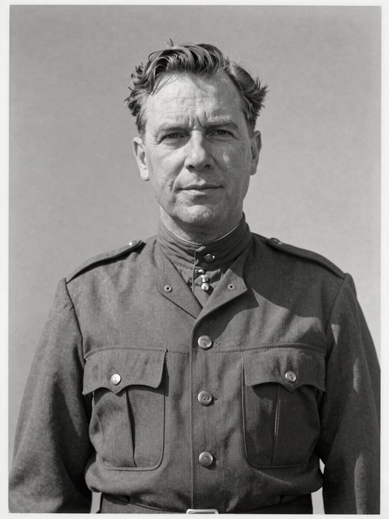 Vintage archival black and white photograph of Howard Gardner in uniform, soft historic tones, clean portrait framing