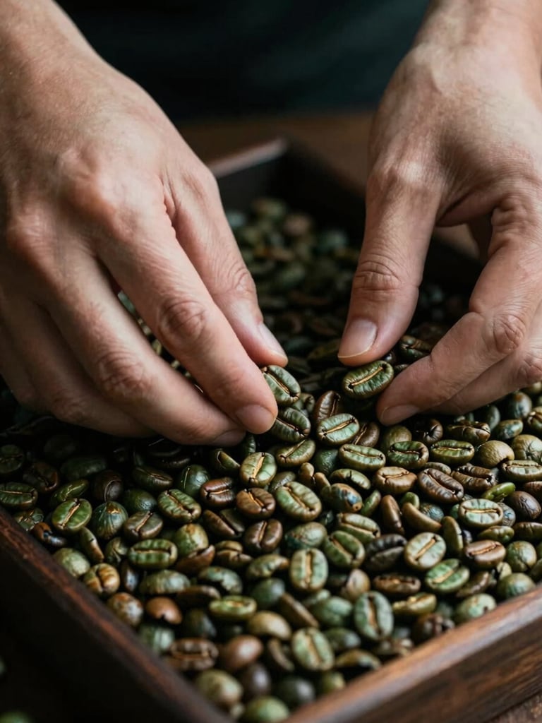 Close-up of expert hands inspecting coffee beans on a dark wooden sorting tray, dramatic low-key lighting, soft directional side-light, focus on texture and detail, dark moody editorial photography