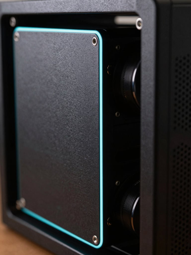 Macro shot of server hardware with sharp tech-cyan edge-lighting and deep charcoal shadows, high-contrast technical aesthetic, portrait orientation