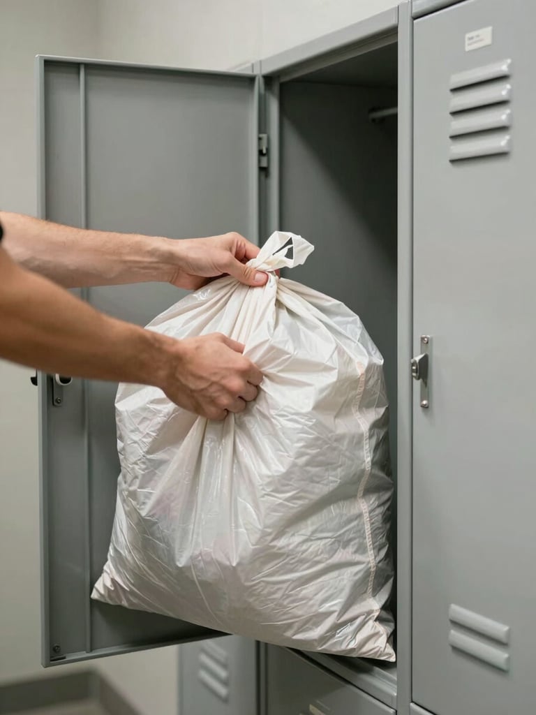 Close-up of hands firmly placing a bundled laundry bag into an open metal locker door, bright interior daylight, locker panel grid visible to the right, concrete wall in background, no people's faces