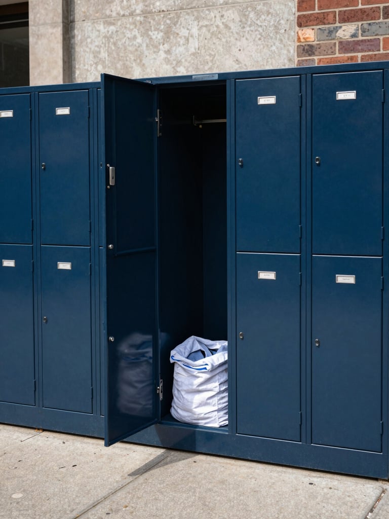 Wide environmental shot of a bank of KapdaCare lockers on a city sidewalk in full daylight, locker doors in deep navy, one door open showing a clean folded laundry bag inside, concrete and brick wall behind, no people, bright natural light with no shadows
