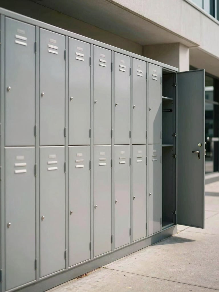 Wide environmental shot of a KapdaCare locker bank on a building exterior in natural daylight, multiple grey locker doors in a column, open urban sidewalk to the right, no people