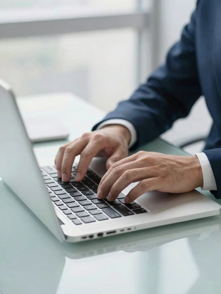 Hands typing on a modern laptop keyboard, clean glass desk, soft natural daylight, professional corporate setting