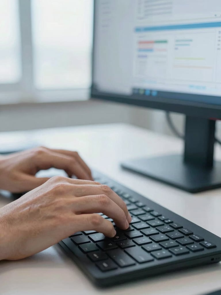 Close-up of professional hands typing on a modern keyboard, bright natural office daylight, clean workspace with a blurred high-resolution screen showing clean data charts, professional atmosphere