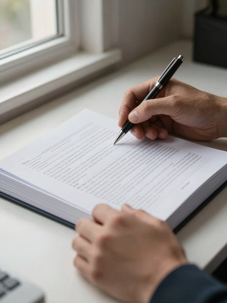 Close-up of hands turning pages of a thick tax document on a clean desk, natural window light from the left, pen resting on the page, focus on the document edge and fingertips