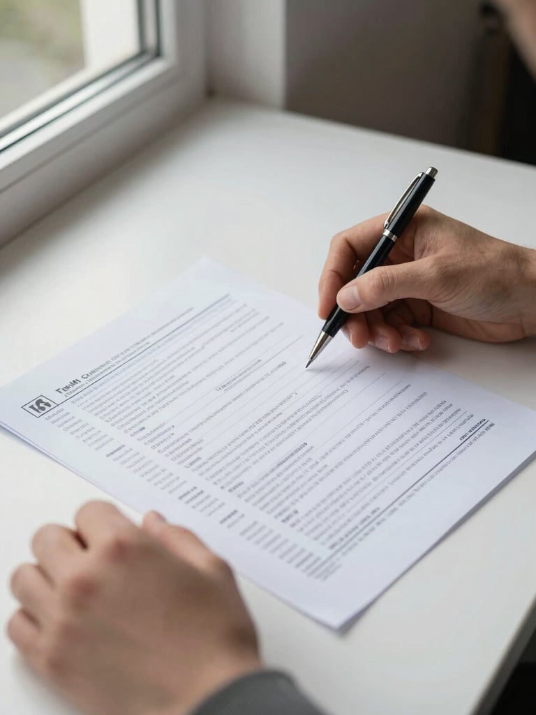 Close-up of hands reviewing a multi-page tax document on a clean desk, natural daylight from a window to the left, a pen resting beside annotated pages