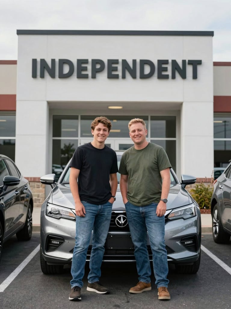 Two friendly brothers standing proudly in front of a clean, modern independent auto dealership storefront in Pocatello, natural overcast daylight, sharp details, 35mm lens