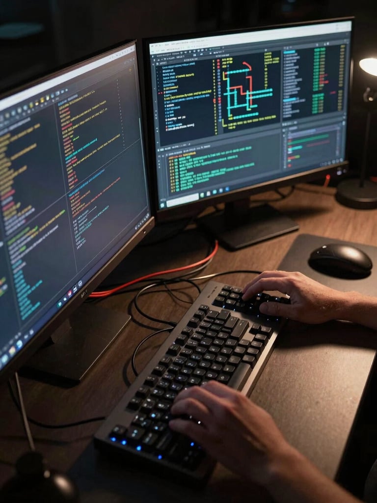 Close-up overhead shot of a developer's workstation at night, multiple monitors displaying dense terminal output and network topology diagrams, hard studio strobe lighting casting sharp shadows across mechanical keyboard and cables, dark desk surface, no human face visible