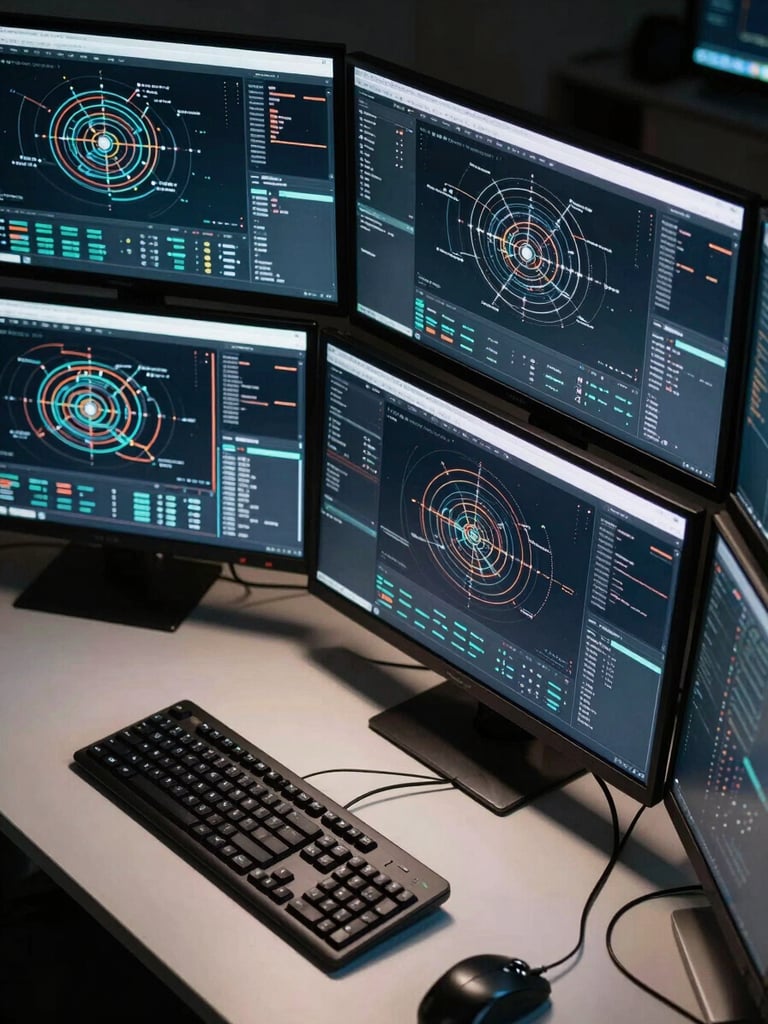 Close overhead shot of a technical workstation, multiple monitors displaying dense infrastructure dashboards and network flow diagrams, hard strobe lighting from above casting sharp shadows across the desk surface, keyboard and cables in foreground, no faces visible