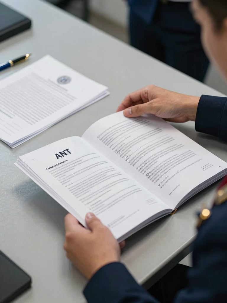 Close-up environmental frame, flat natural light, a crew officer's hands holding an open ANT certification booklet on a steel desk, adjacent crew change boarding papers and a stamped contract partially visible, dark navy uniform sleeve at the edge of frame