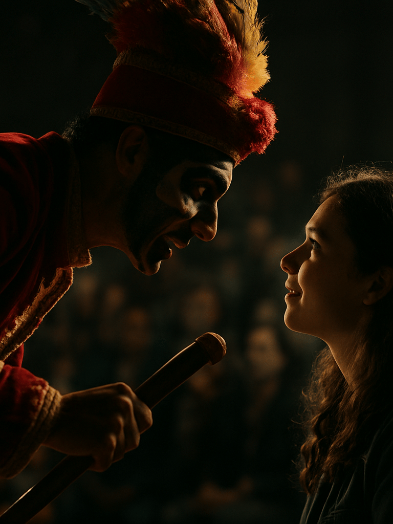 Zanquero performer leaning toward a crowd member at eye level, intimate interaction captured mid-movement, theatrical side lighting, candid press-style framing