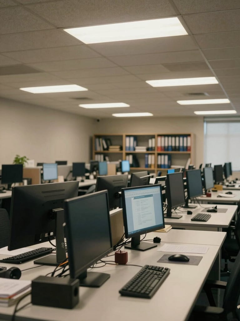 Wide environmental shot of an empty corporate office workspace — rows of dark monitors on organized desks, overhead fluorescent lighting casting even institutional light, document binders visible on shelving in the background, no people present, shot from a low angle looking down the length of the room