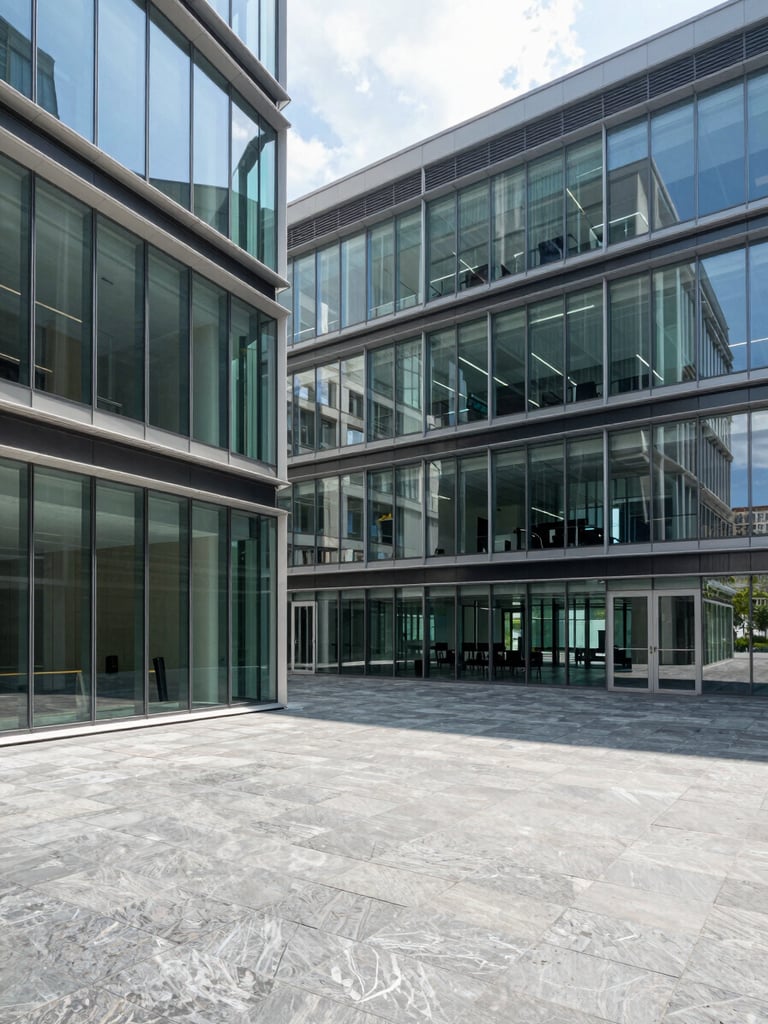 Sharp editorial photography of a modern architectural office courtyard with clean glass lines, bright daylight, slate tones, 35mm lens
