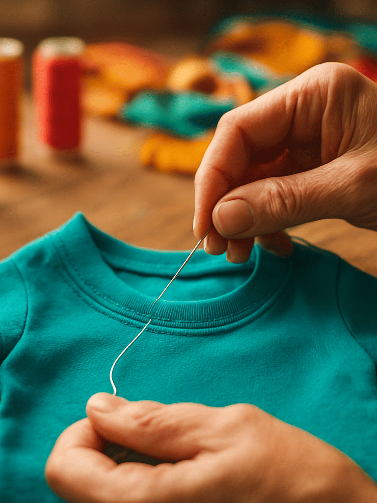 Close-up of artisan hands carefully sewing a vibrant teal pet shirt on a wooden workshop table, colorful spools of thread and fabric scraps in the background, warm natural light