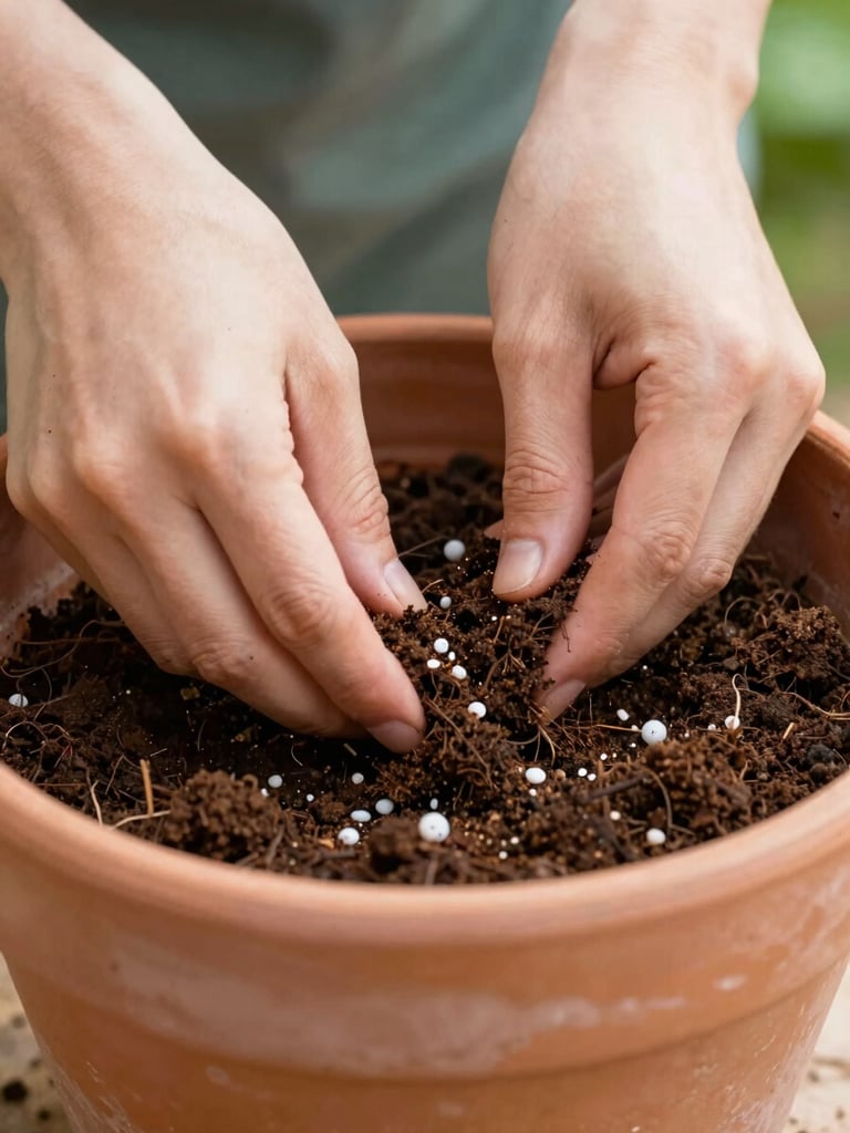 Close-up of hands mixing rich, dark, organic potting soil with perlite and compost in a large terracotta pot, soft morning daylight, macro depth of field, natural shadows