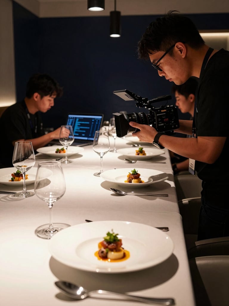 Wide-angle view of a professional content production session inside a high-end restaurant, camera operator framing a close-up of a plated dish under dramatic side-lighting, crew member reviewing a laptop screen with analytics visible, deep navy shadows filling the background, warm practical light on the table