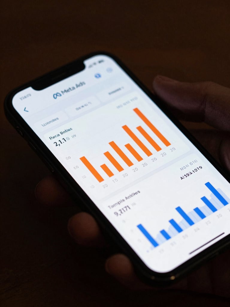 Extreme close-up, slightly left-framed: a hand scrolling a phone screen showing a real Meta Ads dashboard with orange performance bars and blue conversion metrics, dramatic studio side-lighting from the left, dark desk surface below, shallow depth of field, cinematic aspect