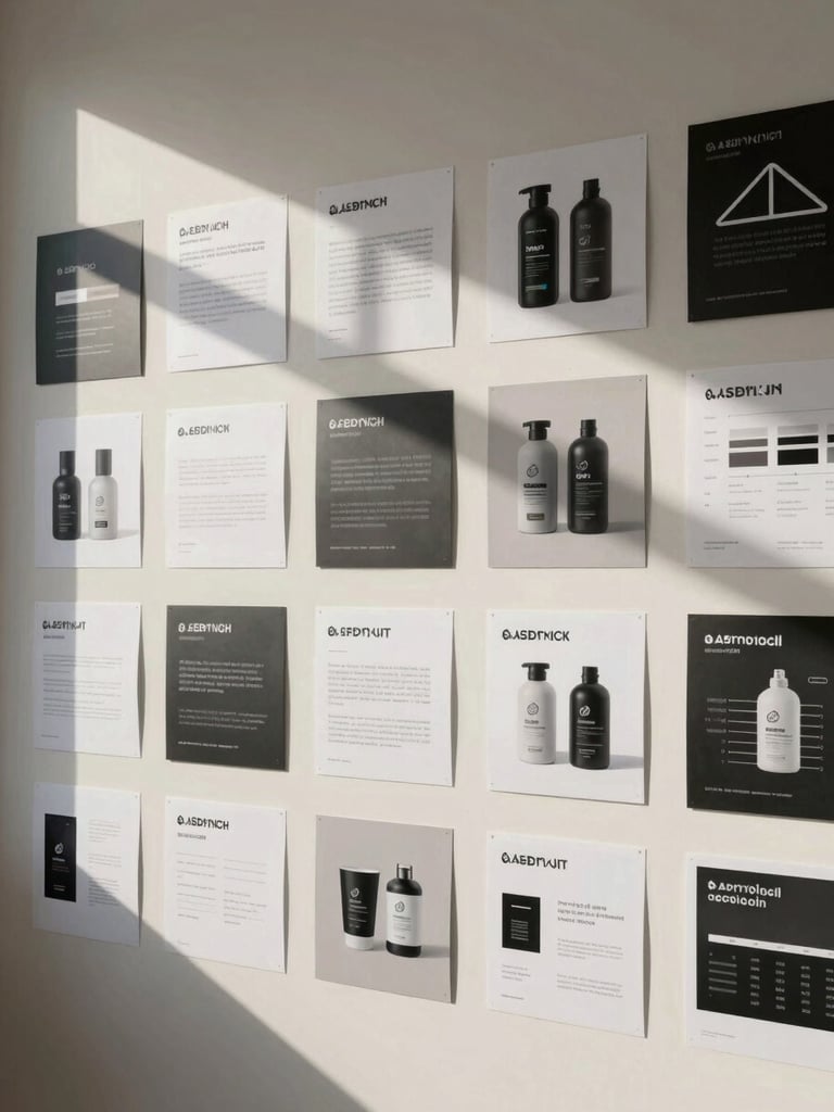 Wide environmental shot of a studio wall covered in printed brand mockups and identity sheets — signage, packaging, digital screen prints — lit by north-facing daylight, no people, structured flat compositions visible across the surface
