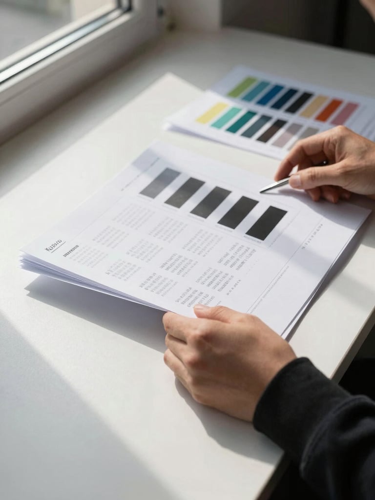 Close-up detail shot of a designer's hands arranging brand guideline sheets on a matte white table, north-facing window light casting clean shadows, color palette swatches and type specimens visible mid-spread