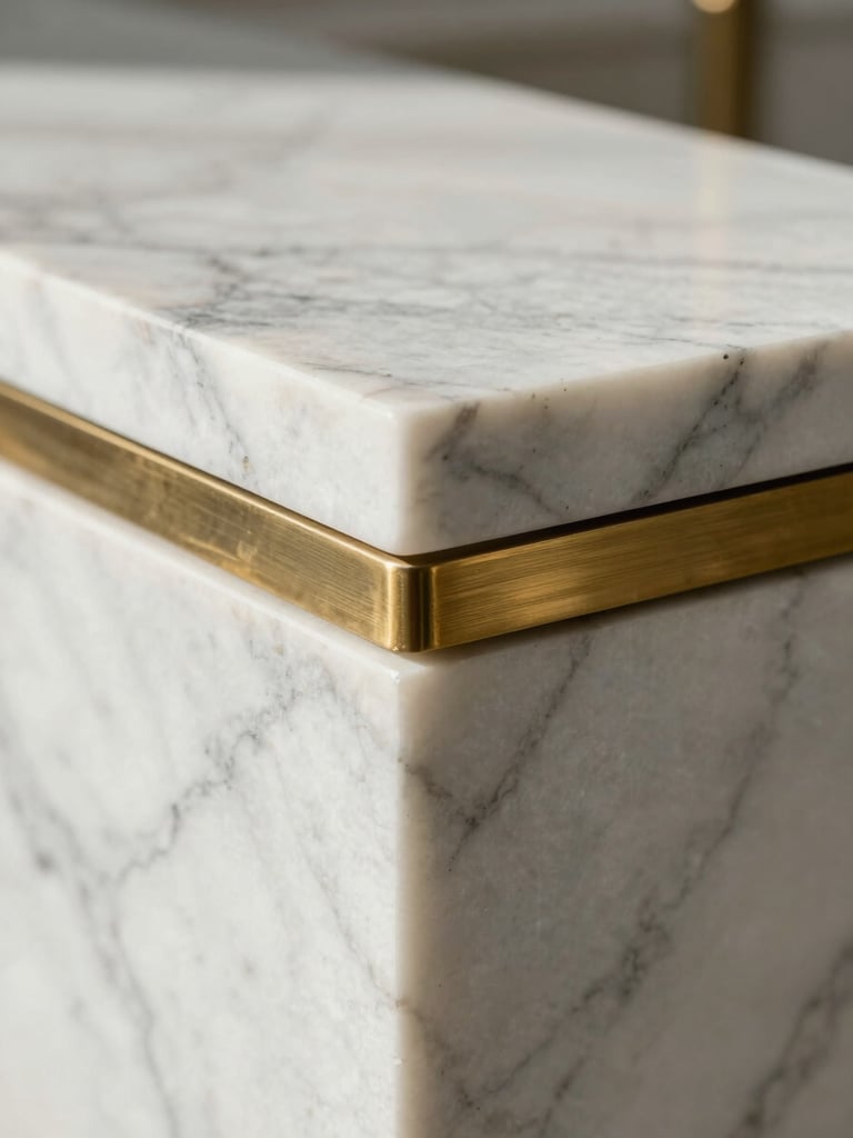 Macro close-up of premium white Carrara marble meeting brushed brass inlay, natural soft morning light, architectural detail focus.