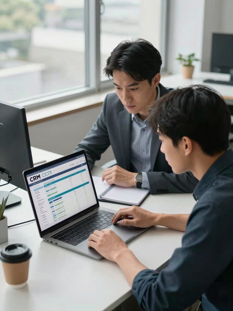 Medium shot from slightly above, two colleagues at adjacent desks reviewing a shared laptop screen showing a CRM pipeline view, bright office daylight from large windows to the left, focused expressions, no eye contact with camera, notepads and coffee cups visible on the desk surface