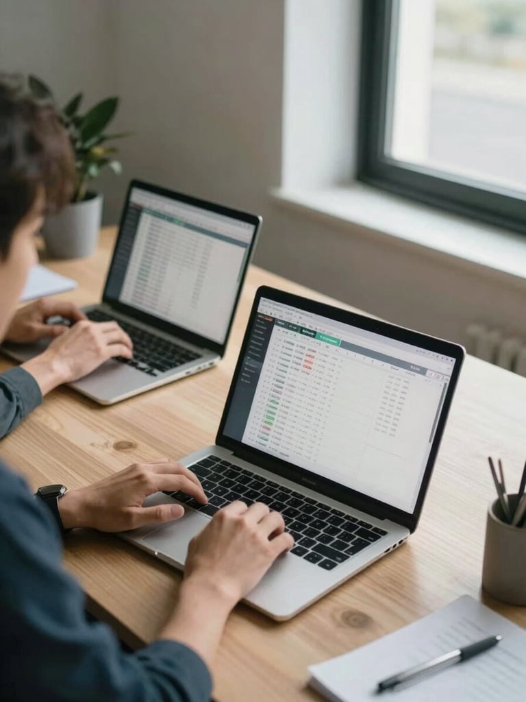 Medium shot from above-left, two people at adjacent desks in a bright open office, both focused on laptop screens showing CRM pipeline columns and calendar grids, hands on keyboards, natural daylight from windows to the right, no eye contact with camera