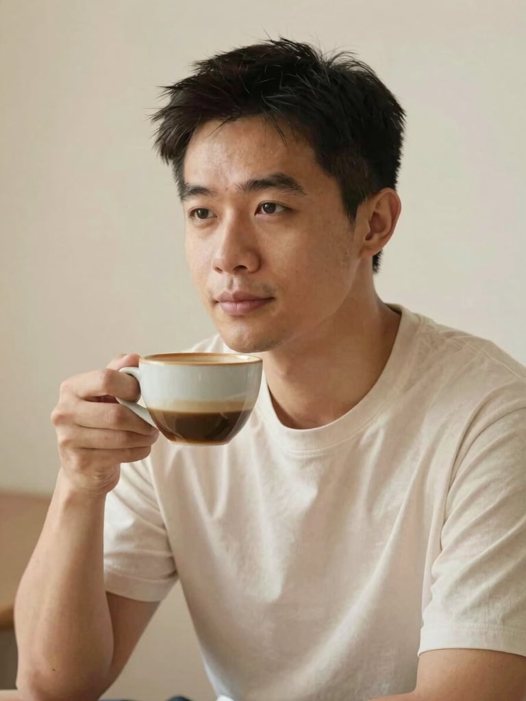 A candid, thoughtful portrait of Nguyen Le in soft natural morning light, holding a ceramic coffee cup, looking slightly off-camera, warm editorial photography, 35mm lens, espresso and parchment tones.