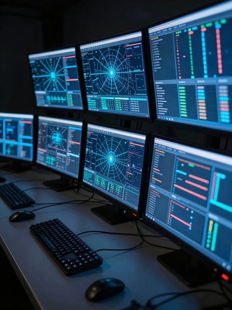 Wide close-up of a multi-monitor command center in a dark room, screens displaying live network topology and alert dashboards glowing electric blue, metallic rack surfaces catching cool rim light, no humans visible, high contrast between near-black environment and luminous data streams