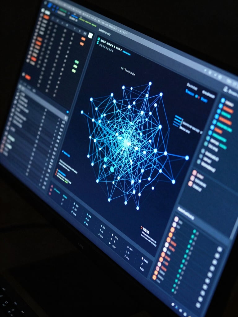 Close-up of a multi-panel security operations dashboard glowing on a dark monitor, network topology map overlaid with live alert indicators, electric blue data streams and node connections visible, cool LED ambient lighting, high contrast between near-black surround and illuminated interface elements, overhead angle revealing system intelligence in motion