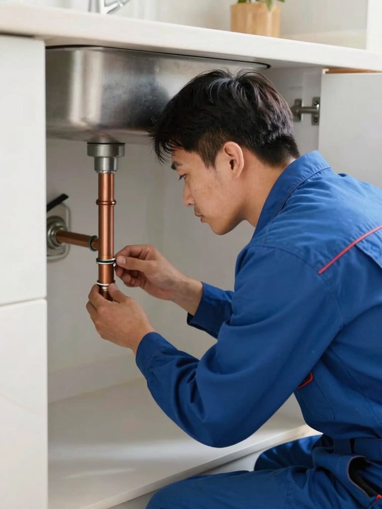 A professional plumber in clean uniform carefully repairing a copper pipe under a kitchen sink, bright natural daylight, sharp focus, 35mm