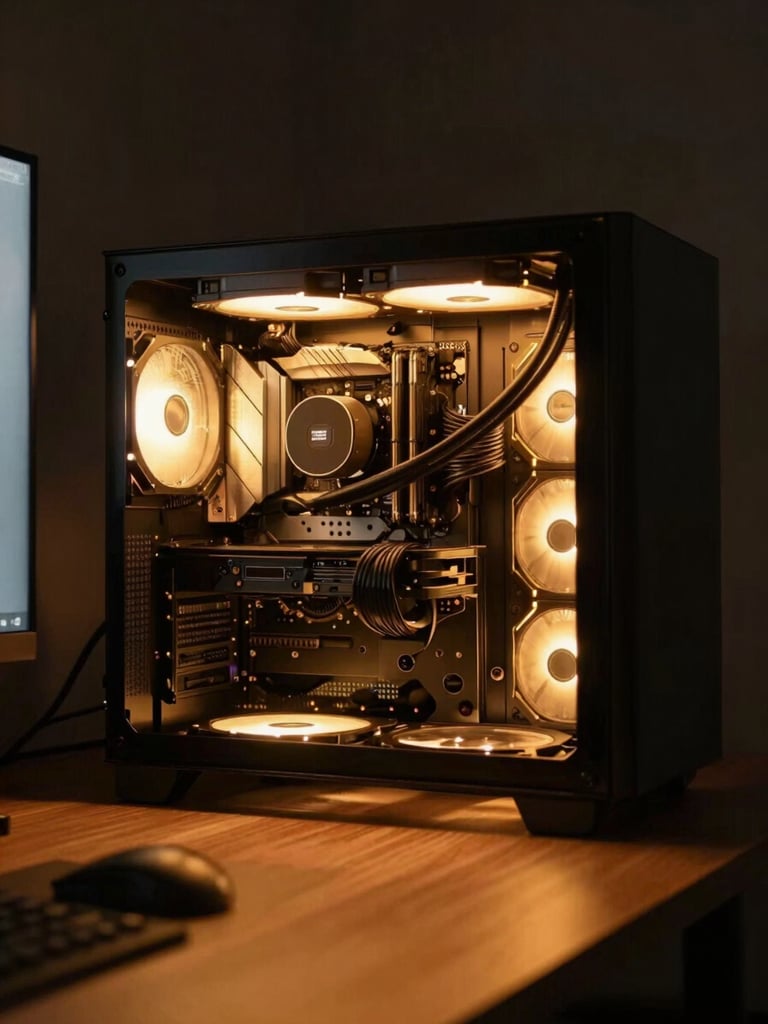 Symmetrical shot of a clean, modern workspace with a custom built PC showing warm amber internal lighting, dark background